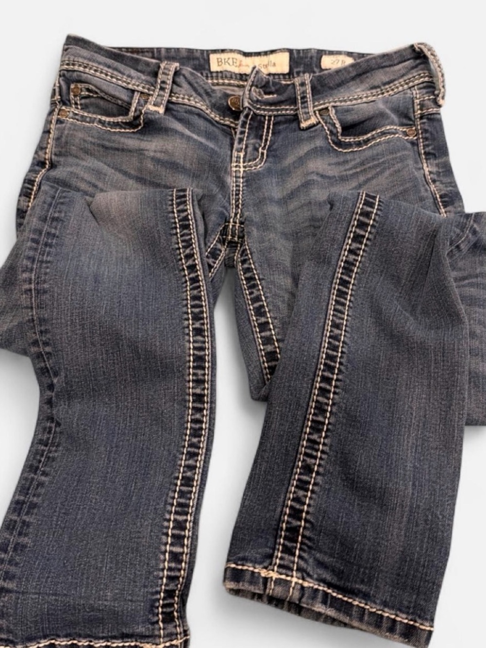 BKE Women's Boot Cut Jeans - Faded Dark Blue with Contrast Stitching